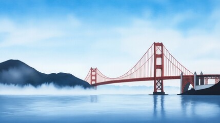 Fototapeta premium A Watercolor Painting of the Golden Gate Bridge in Mist - Serene landscape, iconic bridge, misty mountains, calm waters, symbol of connection and aspiration.