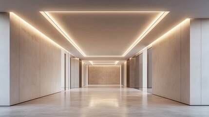 Fototapeta premium Expansive Long Hallway with High Ceilings and Smooth Walls Bathed in Natural Light Creating a Tranquil and Spacious Atmosphere Ideal for Reflection and Contemplation in a Serene Environment