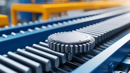 A close-up of a gear on a conveyor belt, showcasing industrial machinery in a modern setting with vibrant colors and precise design.