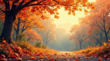 Golden Autumn Pathway A Serene Stroll Through a Misty Forest of Vibrant Maple Trees