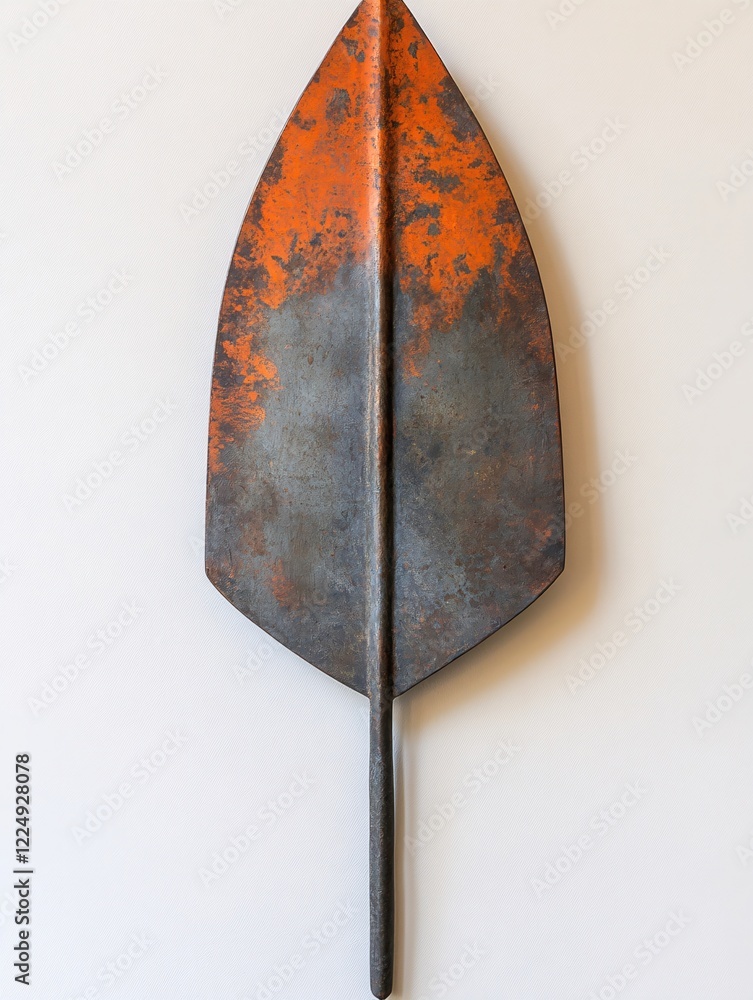 Poster rusty orange and gray metal object with a pointed edge on a plain white background