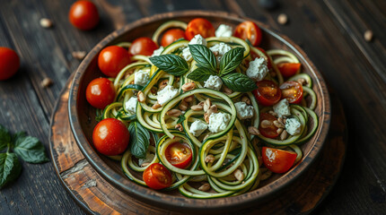 A Fresh and Vibrant Zucchini Noodle Salad with Cherry Tomatoes and Feta Cheese