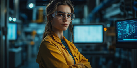 Fototapeta premium Innovative scientist conducting research in high-tech lab focused on advanced technology and analysis urban environment professional perspective
