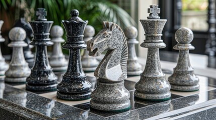 Granite Chess Board: A carved, polished granite chess board, providing a sophisticated and sturdy playing surface, perfect for competitive games or display.
