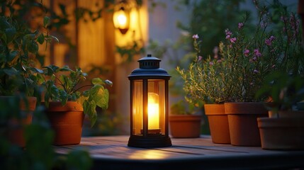 Warm glow of lantern surrounded by potted plants in a cozy garden evening setting captivating atmosphere