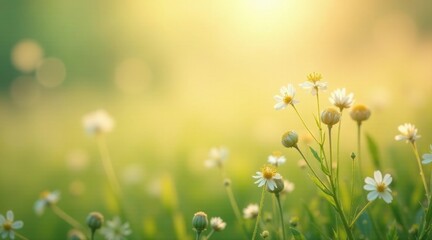 Serene Meadow Delicate White Blossoms Bathed in Golden Sunlight, a Peaceful Pastoral Scene of Nature's Beauty
