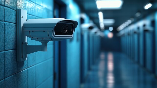 Security camera mounted on a blue wall in a hallway. Illustrates security, surveillance, and monitoring systems.