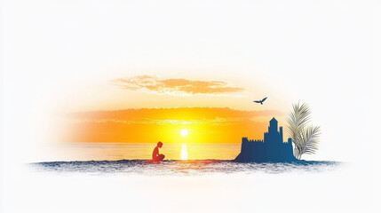 Fototapeta premium A Watercolor Silhouette of a Couple Building a Dream - Serene sunset, a couple's silhouette, a sandcastle, hope, and peaceful dreamscape. Symbolizing love, building a future, tranquility