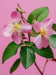Fototapeta premium Rosehip sprig with pink flowers, buds and green leaves on a pink background. Spring wild flower close up. 