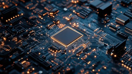 A Close-Up View of a Modern Microprocessor on a Circuit Board, Highlighting Intricate Connections and Illuminated Components in a Technology Environment