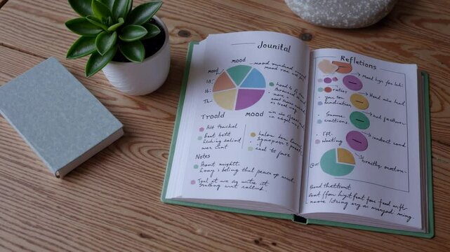 A soft, pastel illustration of a mindfulness journal, open to a mood tracker page, reflecting the ongoing interest in mental health and self-care.