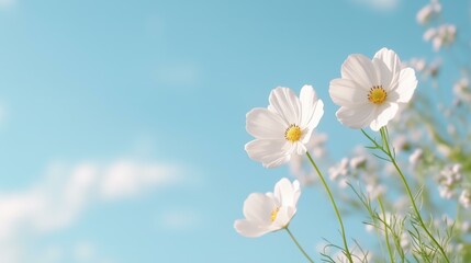 Tranquil white cosmos flowers against clear blue sky
