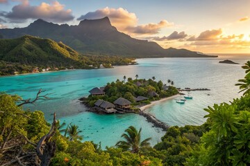 Obraz premium Silhouette of Idyllic Coastal Village at Sunset, Lush Island Paradise, Turquoise Waters