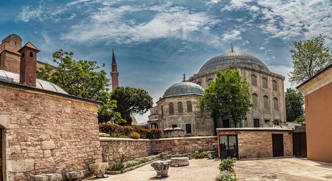 Hagia Sofia Historic Mosque Amongst Greenery Under Blue Sky in an Urban Environment, Istanbul