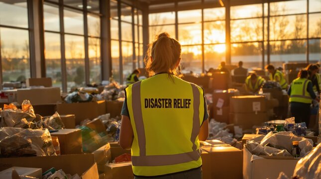 Disaster relief worker in a safety vest organizes supplies in a sunlit warehouse filled with donations. Concept of humanitarian aid and charity. Ai generative