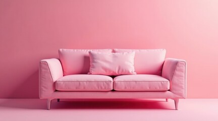 A Pink Sofa with a Single Pillow Against a Matching Wall, a Minimalist Interior Design Concept for a Relaxing and Serene Atmosphere