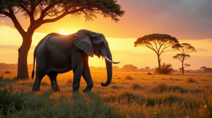 Fototapeta premium Majestic Elephant Silhouette at Sunset in African Savanna, Walking Towards a Golden Horizon