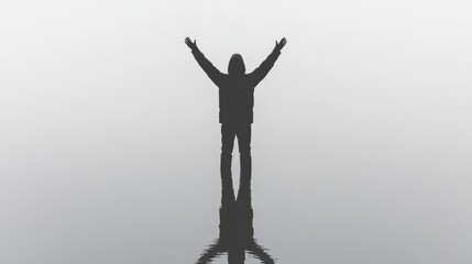 Obraz premium Person embracing freedom in a misty landscape inspirational photography serene environment aerial view