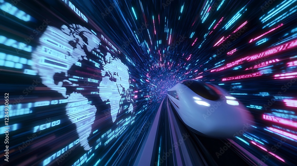 Poster a futuristic train traveling on tracks with a digital world map overlay representing global connecti