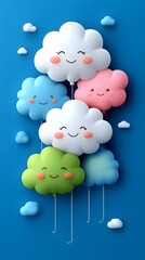Cute cartoon clouds as balloons on blue background.