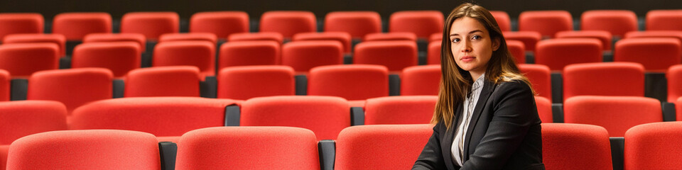 Obraz premium Woman seated in a theater with empty red seats around her