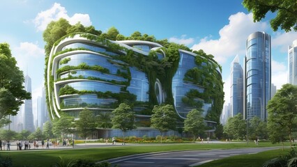 A modern, multi-story building is depicted with walls primarily composed of glass and concrete.