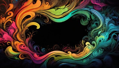 Fototapeta premium Abstract colorful swirling grunge illustration border frame with copy-space on black background