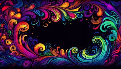 Abstract colorful swirling grunge illustration border frame with copy-space on black background