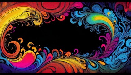 Abstract colorful swirling grunge illustration border frame with copy-space on black background