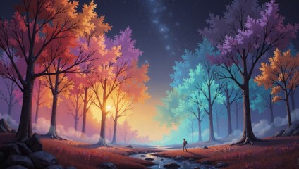 A colorful forest with a river running through it