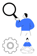 Person uses a magnifying glass for discovery, gear symbolizes process and efficiency, meditating woman focuses on mindfulness and mental clarity. Ideal for productivity, innovation, self-care