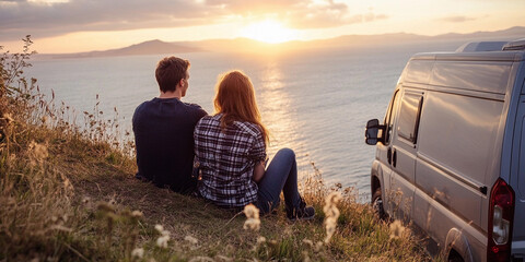Couple enjoying sunset views by the seaside in a van
