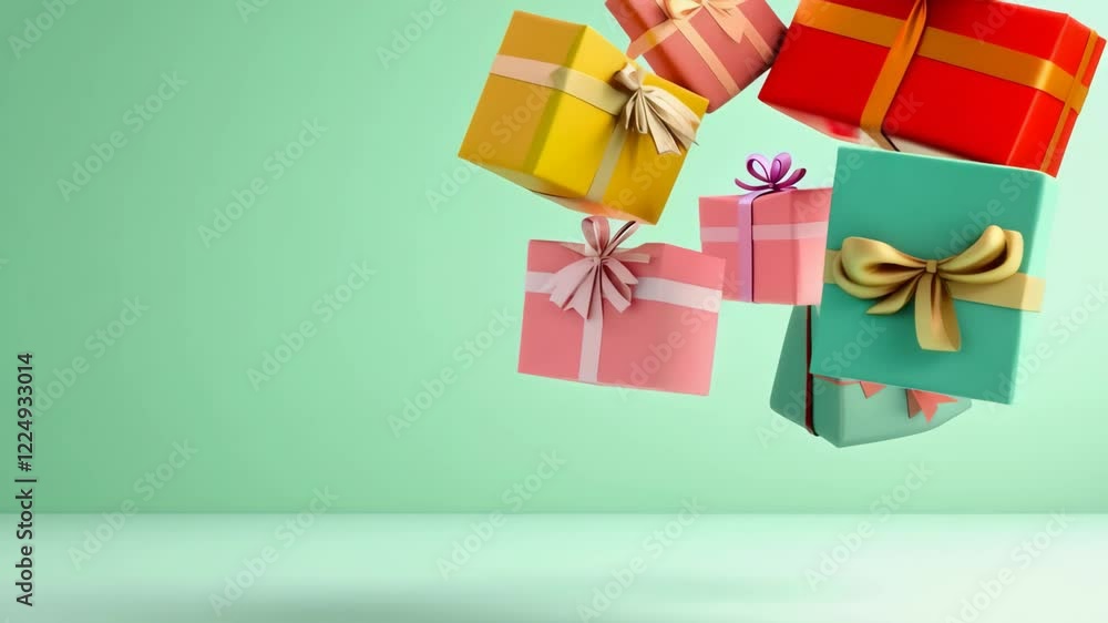 Poster wrapped gift boxes with colorful ribbons are levitating on a minimalist light green background, crea