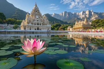 Obraz premium Serene Lotus Flower in Front of Majestic Temple Amidst Scenic Mountain Landscape