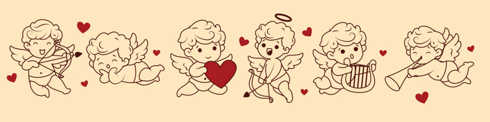 Cupids set. Cute baby angels, kids cherub characters. Flying winged girls, boys shooting with arrow and bow, playing music, singing about love. Flat vector