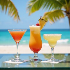 Three vibrant cocktails adorn a sunny beach backdrop