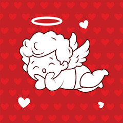 red background romantic baby boy angel with heart contemporary pop art icon vector flat illustration. Cupid cute heaven winged cartoon character love amour Valentine's 