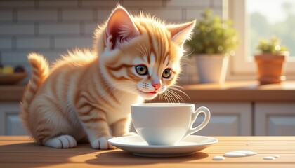 Cute kitten enjoying milk from a saucer in cozy kitchen, contentment