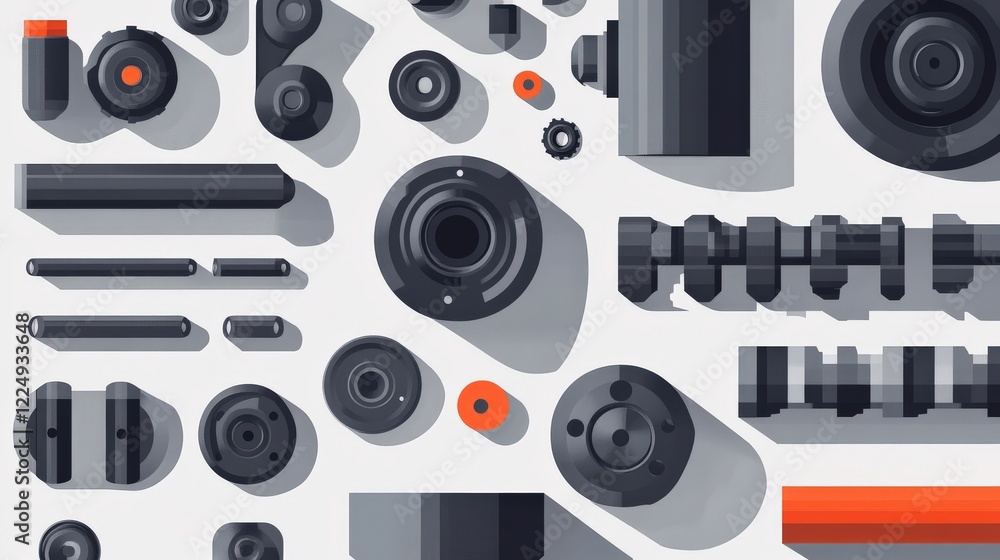 Poster abstract arrangement of mechanical components in various shapes and sizes on a light background