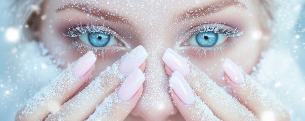 Close-up portrait of a woman with beautiful blue eyes  and manicured nude nails in a winter frost-kissed aesthetic. Cold weather skin care concept.
