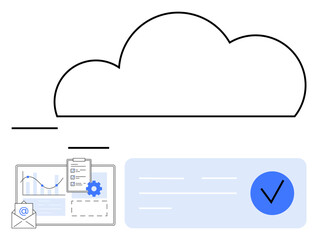 Cloud outline, data analysis graph, email envelope, gear icon, documents, check mark inside a circle. Ideal for cloud storage, data management, email services cybersecurity workflow efficiency
