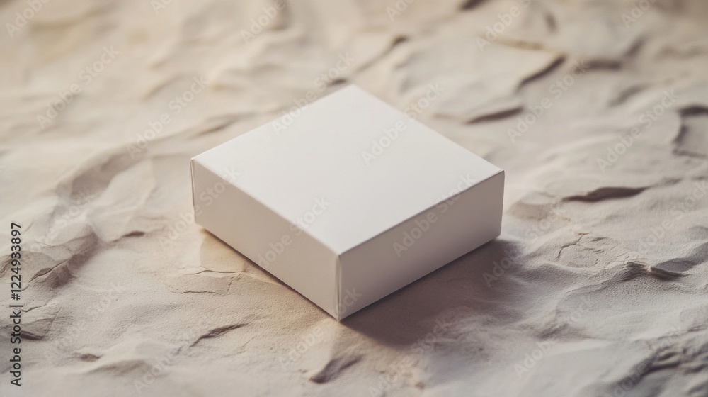 Poster a minimalistic white box rests on a textured beige surface, creating an elegant and clean compositio