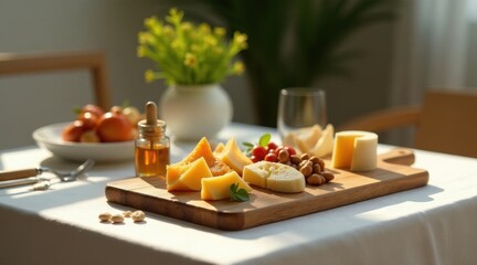 Sunlit Wooden Board Featuring Assorted Cheeses, Nuts, and Berries, a Perfect Appetizer for a Relaxed Afternoon Gathering
