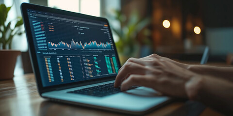 Analyzing financial trends and data home office digital workspace cozy environment close-up view business insights for investors