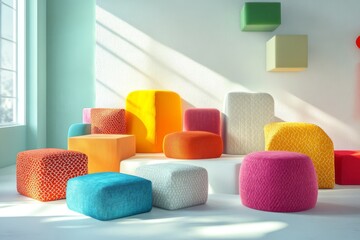 Colorful Geometric Poufs in Studio