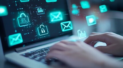 A person typing on a laptop with digital security icons and data protection symbols