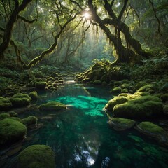 "A captivating Jade Hollow hidden in a serene forest, the jade-colored water clear and inviting, surrounded by ancient trees and moss-covered rocks. Sunlight filters through the canopy, casting a soft