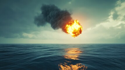 Explosive Fireball Erupts Over Calm Ocean Waves Under Dramatic Sky