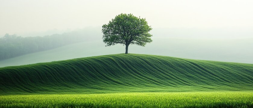 Solitary tree on green hill with foggy background creating a peaceful and serene atmosphere