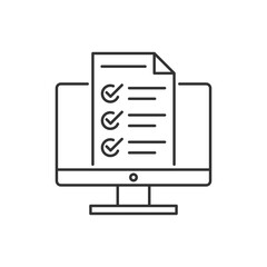 Desktop computer with digital questionnaire flat line icon. Vector thin sign of online test result, education logo. Survey outline illustration.